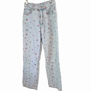 BDG Skylar High Rise Baggy Mom Jeans Embroidered Flowers Y2K Light Wash 24